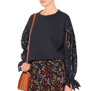 See By Chloe Lace Sleeve Cotton Jumper Sweater in Navy, size Small